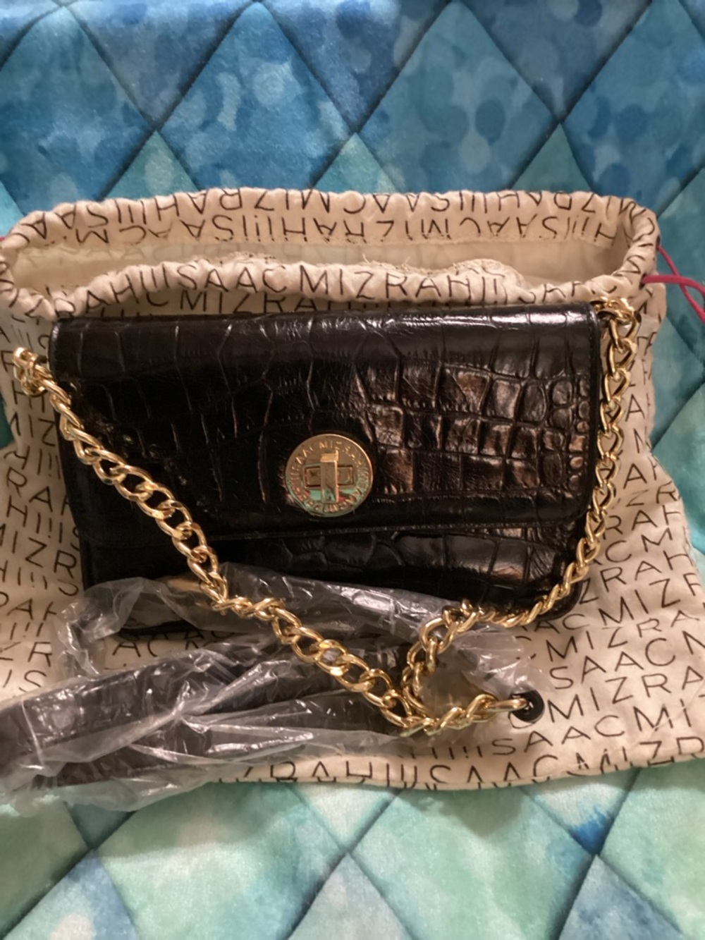 Isaac Mizrahi Black Croc-Embossed Crossbody with Gold Chain
